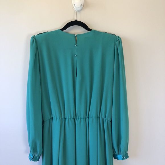 Vintage 1980's Ursula of Switzerland Chiffon Cocktail Dress Aqua Green Size 14 - Picture 12 of 14